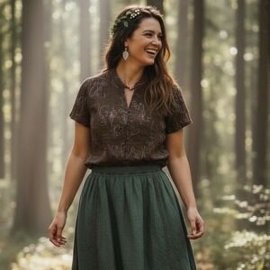 Women's Chocolate Brown Floral Emboridered Top 2X Forest Fairy Goblincore Boho